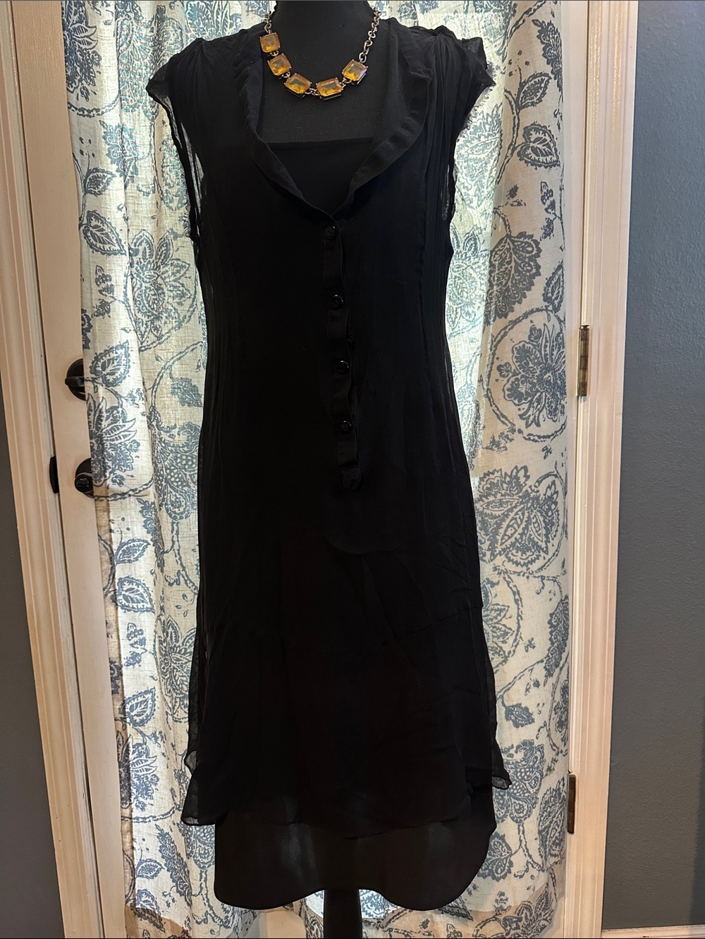 Black Midi Dress - Elegant Silk Layered Button-Front
